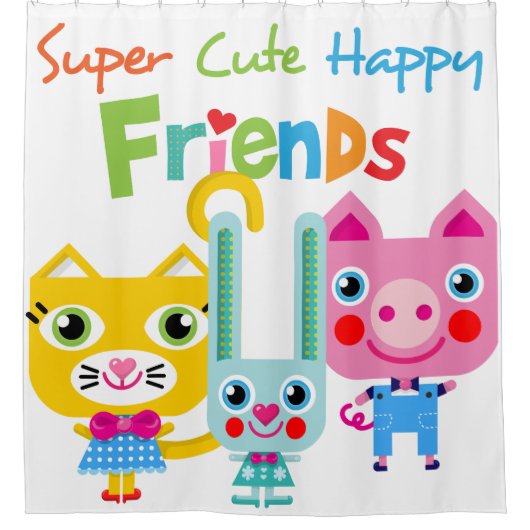 Cartoon Animal Friends Rabbit Cat Pig Duschvorhang (Vorderseite)