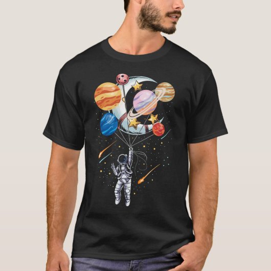Cartoon Astronauten Raumballon-Planeten T-Shirt (Vorderseite)