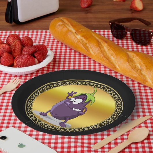 Cartoon Aubergine mit großen Augen grünes Haar 2 Pappteller (Picknick)