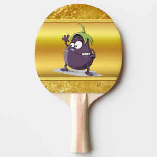 Cartoon Aubergine mit großen Augen grünes Haar 2 Tischtennis Schläger