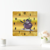 Cartoon Aubergine mit großen Augen grünes Haar Quadratische Wanduhr (Zuhause)