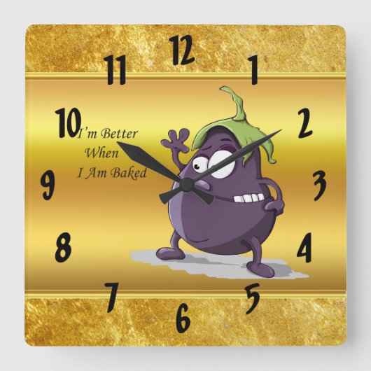 Cartoon Aubergine mit großen Augen grünes Haar Quadratische Wanduhr (Vorderseite)
