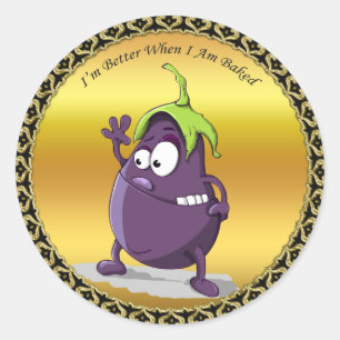 Cartoon Aubergine mit großen Augen, grünes Haar Runder Aufkleber