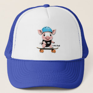 Cartoon Baby Pig Reiten Ein Skateboard Lasse Roll, Truckerkappe
