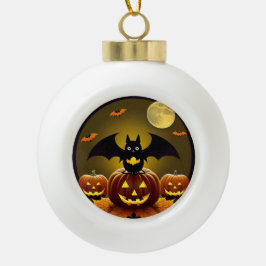 Cartoon Bat und Pumpkins unter Vollmond Keramik Kugel-Ornament