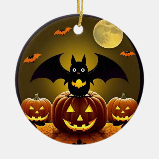Cartoon Bat und Pumpkins unter Vollmond Keramik Ornament (Vorne)