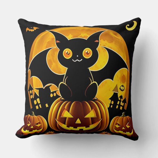 Cartoon Bat und Pumpkins unter Vollmond Kissen (Vorderseite)