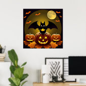 Cartoon Bat und Pumpkins unter Vollmond Poster (Heimbüro)