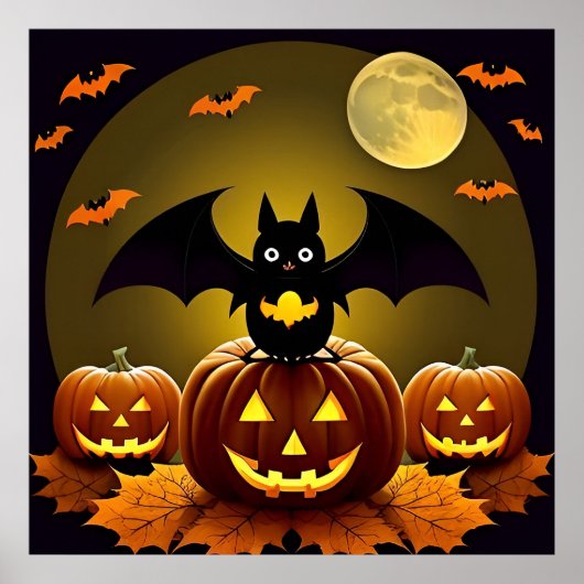 Cartoon Bat und Pumpkins unter Vollmond Poster (Vorne)