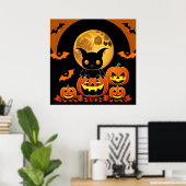 Cartoon Bat und Pumpkins unter Vollmond Poster (Heimbüro)