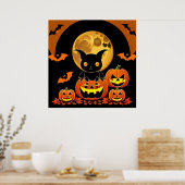 Cartoon Bat und Pumpkins unter Vollmond Poster (Küche)