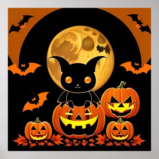 Cartoon Bat und Pumpkins unter Vollmond Poster (Vorne)