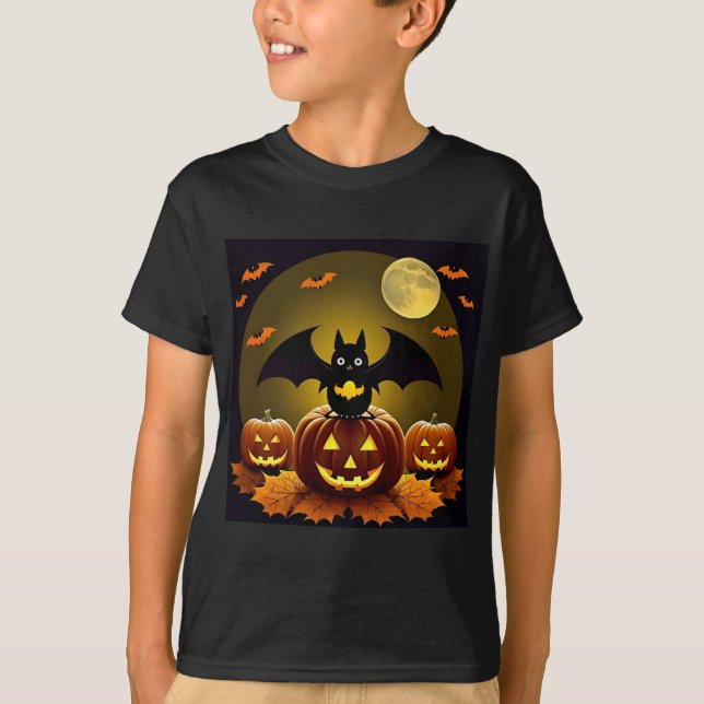 Cartoon Bat und Pumpkins unter Vollmond T-Shirt (Vorderseite)