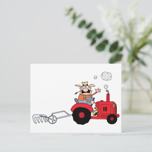 Cartoon Bauer mit rotem Traktor Postkarte (Stehend Vorderseite)