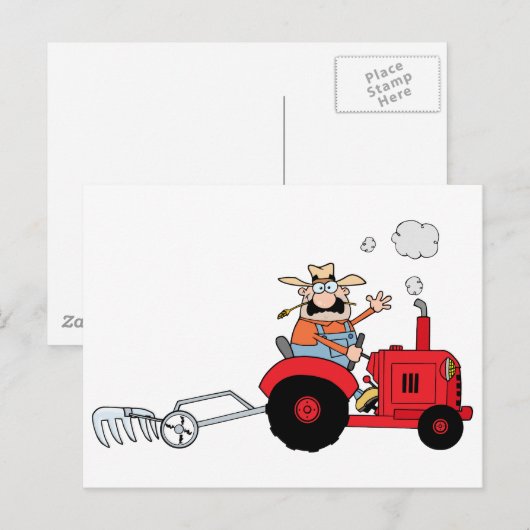 Cartoon Bauer mit rotem Traktor Postkarte (Vorne/Hinten)