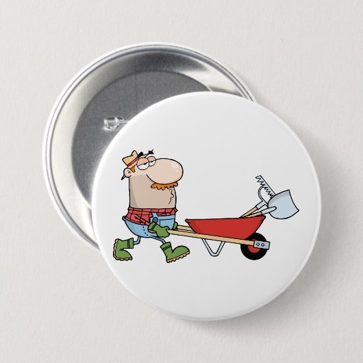 Cartoon-Bauer mit Wheelbarrow und Tools Button (Vorne & Hinten)