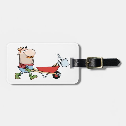 Cartoon-Bauer mit Wheelbarrow und Tools Gepäckanhänger (Vorderseite horizontal)