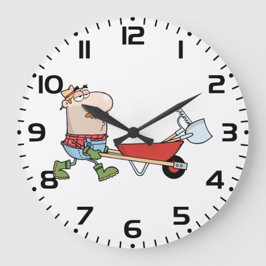 Cartoon-Bauer mit Wheelbarrow und Tools Große Wanduhr (Vorderseite)