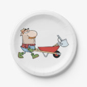 Cartoon-Bauer mit Wheelbarrow und Tools Pappteller (Vorderseite)