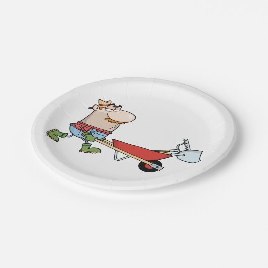 Cartoon-Bauer mit Wheelbarrow und Tools Pappteller (Schrägansicht)