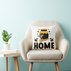 Cartoon Bee and Honey Jar "ZUHAUSE" Kissen