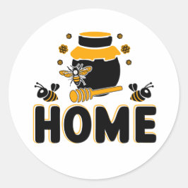 Cartoon Bee and Honey Jar "ZUHAUSE" T - Shirt Runder Aufkleber