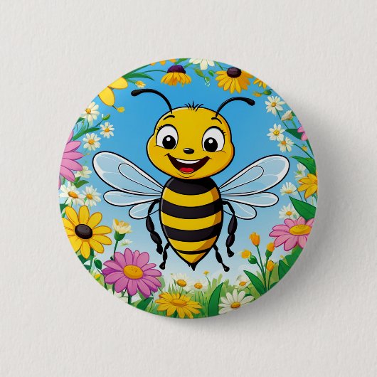 Cartoon Bee Farbige Blume Button (Vorderseite)