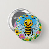 Cartoon Bee Farbige Blume Button (Vorne & Hinten)