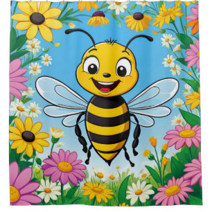 Cartoon Bee Farbige Blume Duschvorhang