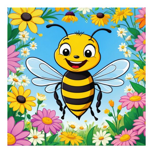 Cartoon Bee Farbige Blume Fotodruck (Vorne)