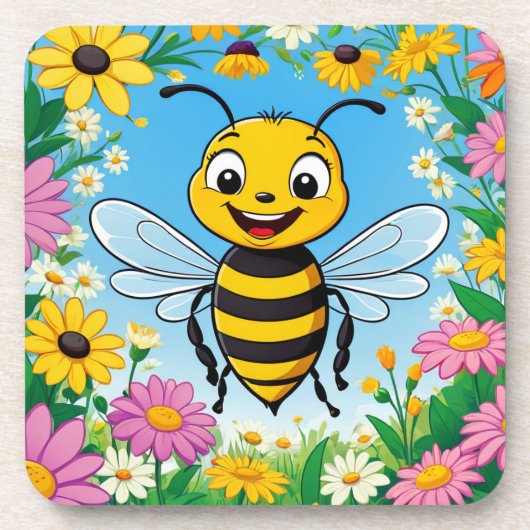 Cartoon Bee Farbige Blume Getränkeuntersetzer (Vorderseite)