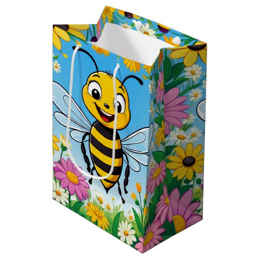 Cartoon Bee Farbige Blume Mittlere Geschenktüte (Vorderseite Schrägansicht)