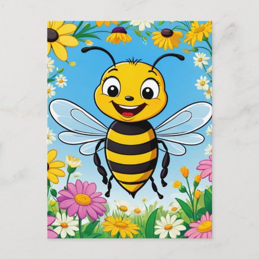 Cartoon Bee Farbige Blume Postkarte (Vorderseite)