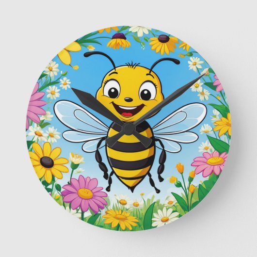 Cartoon Bee Farbige Blume Runde Wanduhr (Vorderseite)