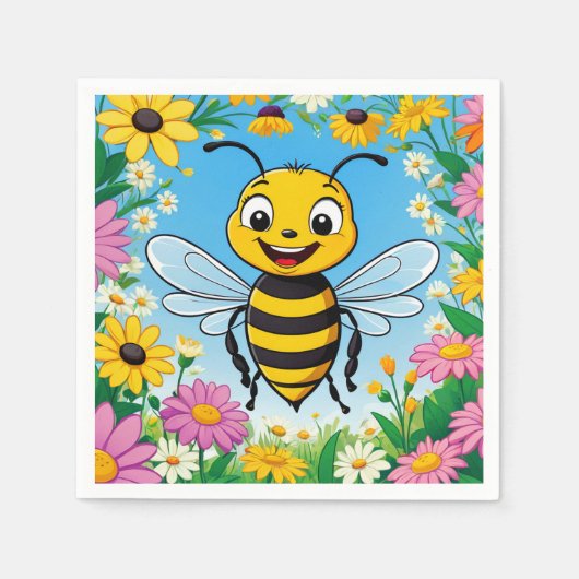 Cartoon Bee Farbige Blume Serviette (Vorderseite)