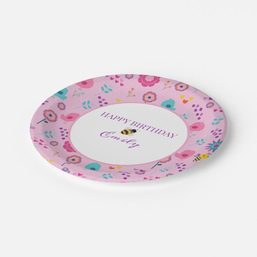 Cartoon Bienen und Vögel Pappteller (Schrägansicht)