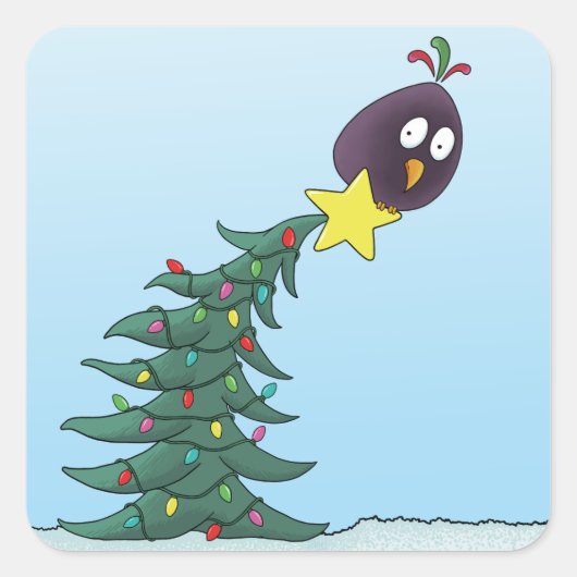 Cartoon Bird Christmas Tree Star Quadratischer Aufkleber (Vorderseite)