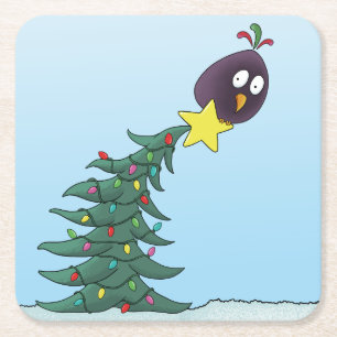 Cartoon Bird Christmas Tree Star Rechteckiger Pappuntersetzer