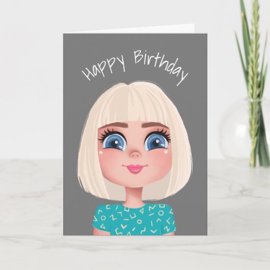 Cartoon Birthday Blond Girl on Gray Karte (Vorderseite)