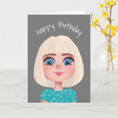 Cartoon Birthday Blond Girl on Gray Karte (Gelbe Blume)