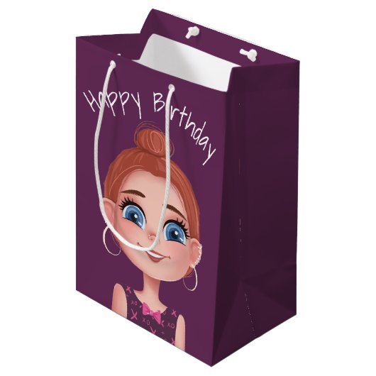 Cartoon Birthday Girl auf Lila Mittlere Geschenktüte (Vorderseite Schrägansicht)
