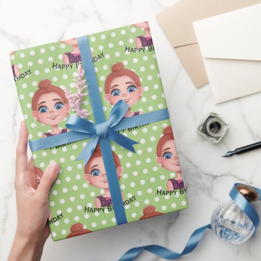 Cartoon Birthday Girl mit Big Eyes Geschenkpapier (Schenken)