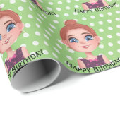 Cartoon Birthday Girl mit Big Eyes Geschenkpapier (Rolleneckpunkt)