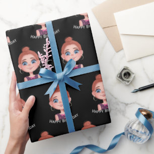 Cartoon Birthday Girl mit Big Eyes Geschenkpapier