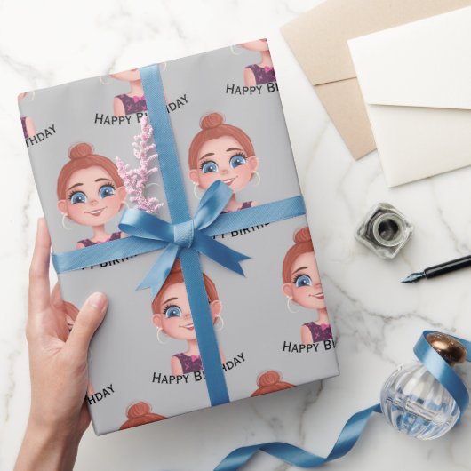 Cartoon Birthday Girl mit Big Eyes Geschenkpapier (Schenken)