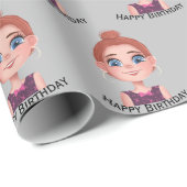 Cartoon Birthday Girl mit Big Eyes Geschenkpapier (Rolleneckpunkt)