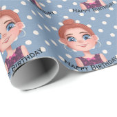 Cartoon Birthday Girl mit Big Eyes Geschenkpapier (Rolleneckpunkt)