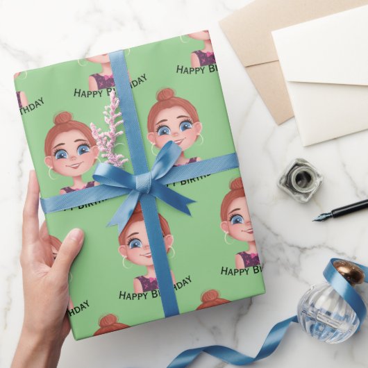 Cartoon Birthday Girl mit Big Eyes Geschenkpapier (Schenken)
