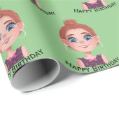 Cartoon Birthday Girl mit Big Eyes Geschenkpapier (Rolleneckpunkt)