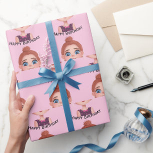 Cartoon Birthday Girl mit Big Eyes Geschenkpapier